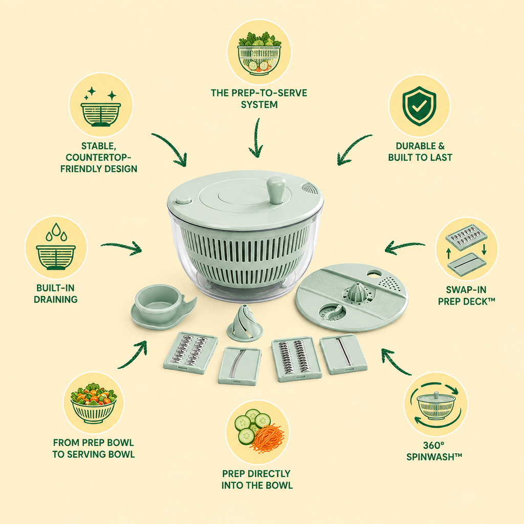 PrepLoop radial infographic: salad spinner and prep system centered, with eight features around it — prep-to-serve system, durable build, swap-in prep deck, 360 SpinWash, prep directly into the bowl, prep-bowl to serving bowl, built-in draining, and stable countertop design