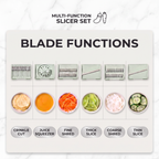 PrepLoop blade functions chart showing crinkle cut, juice squeezer, fine shred, thick slice, coarse shred and thin slice results