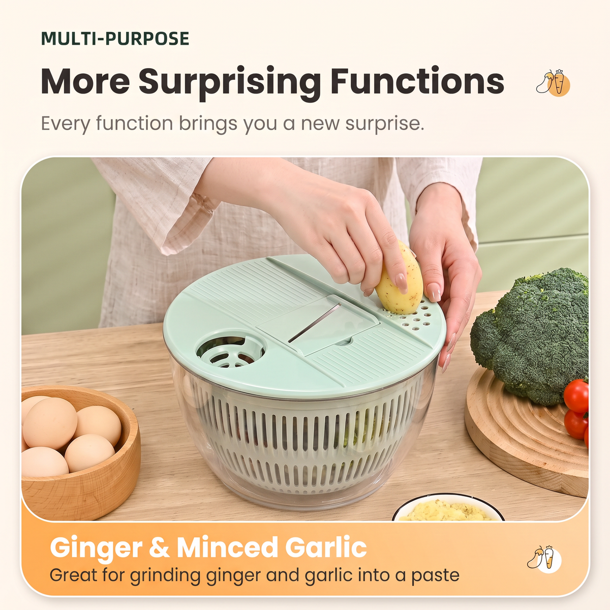 Assembled PrepLoop salad spinner on a marble counter highlighting the non-slip stable base