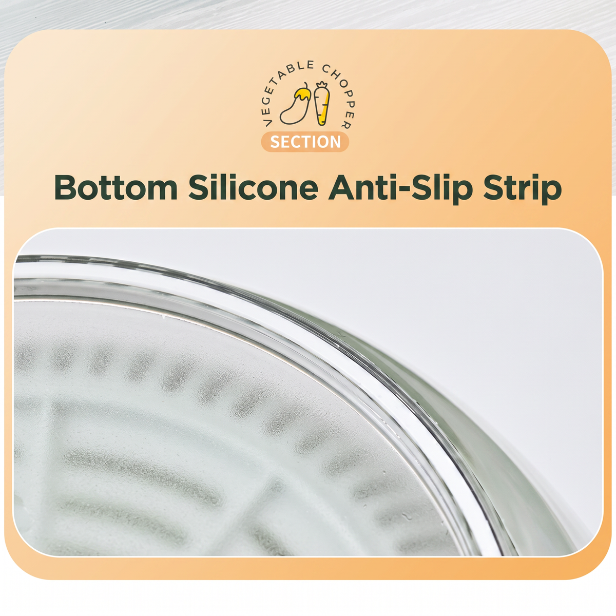 Close-up of the silicone anti-slip strip on the base of the clear PrepLoop bowl