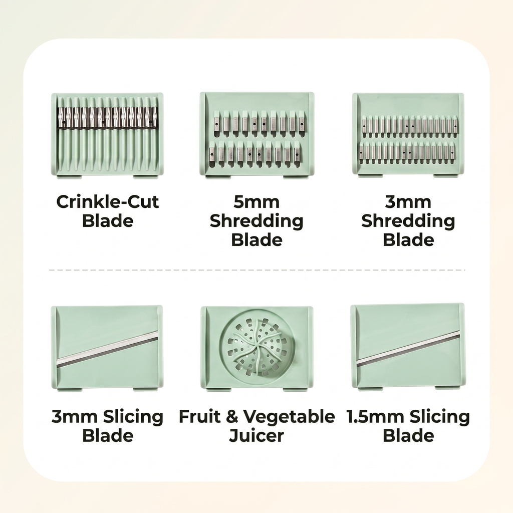 Six PrepLoop blade attachments labelled crinkle-cut, 5mm and 3mm shredding, 3mm and 1.5mm slicing, and fruit and vegetable juicer