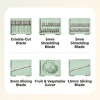 Six PrepLoop blade attachments labelled crinkle-cut, 5mm and 3mm shredding, 3mm and 1.5mm slicing, and fruit and vegetable juicer
