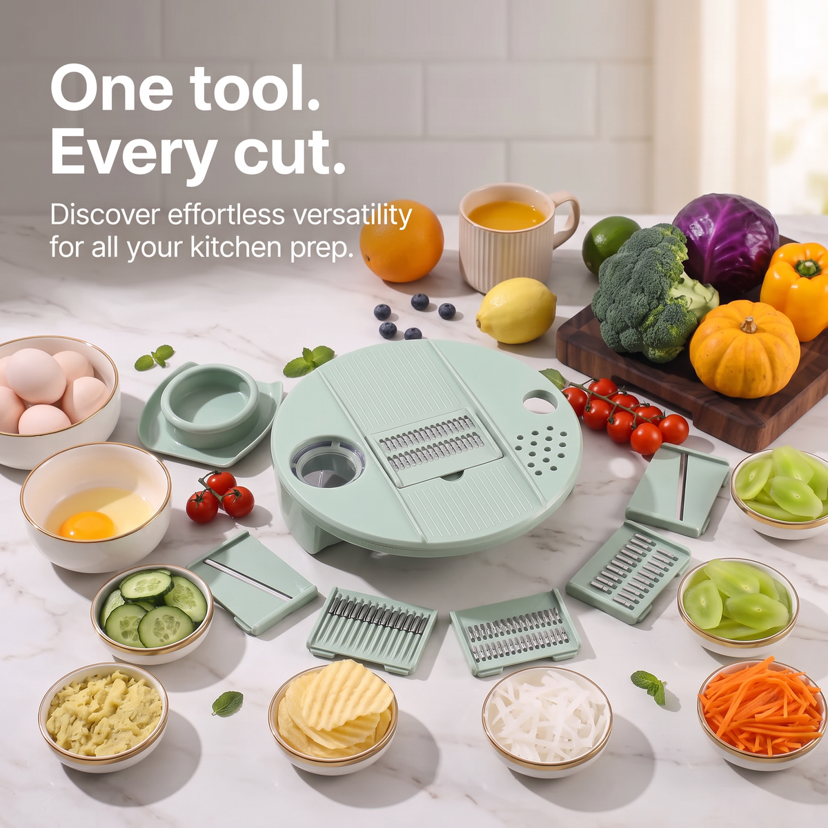 PrepLoop all-in-one salad spinner and vegetable prep system with slicing, shredding and juicing attachments on a kitchen counter