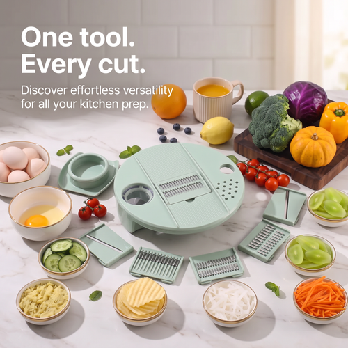 PrepLoop all-in-one salad spinner and vegetable prep system with slicing, shredding and juicing attachments on a kitchen counter