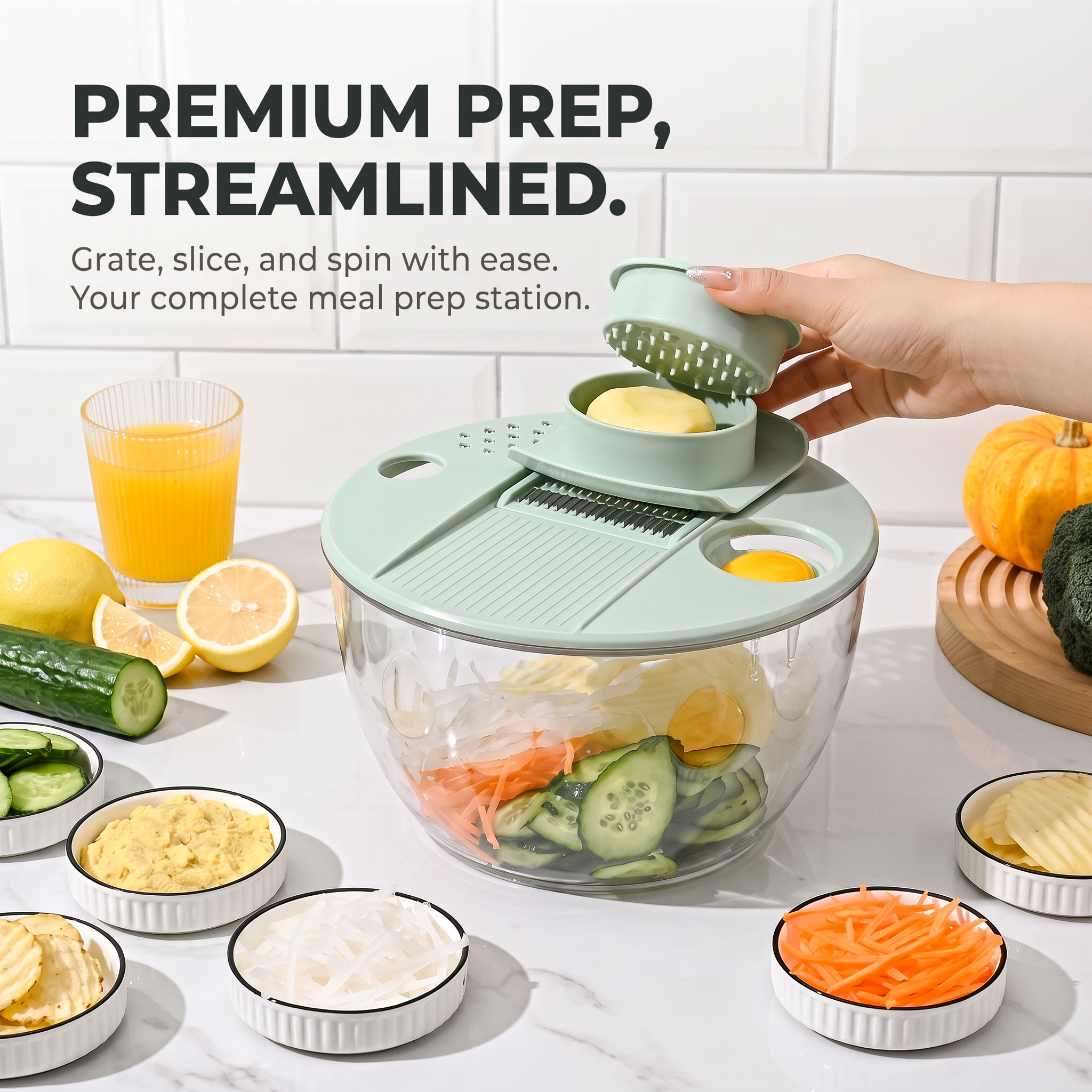 PrepLoop product specifications: multi-function salad spinner and vegetable grater, ABS and PET material, mint green, 23.5cm by 14cm