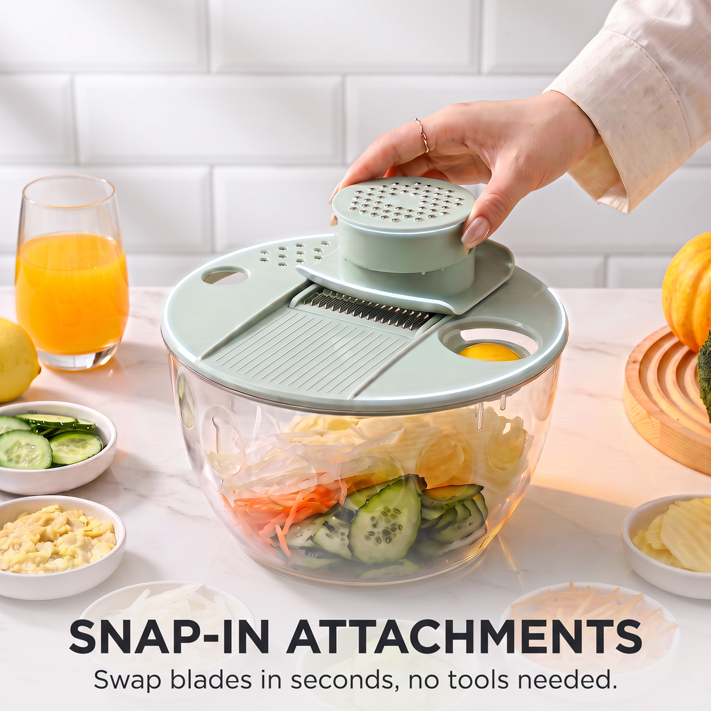 Turning the PrepLoop lid knob to spin-wash and dry salad greens with the 360 degree mechanism